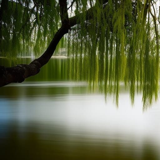 Weeping Willow Branches Touch Fast Flowing River