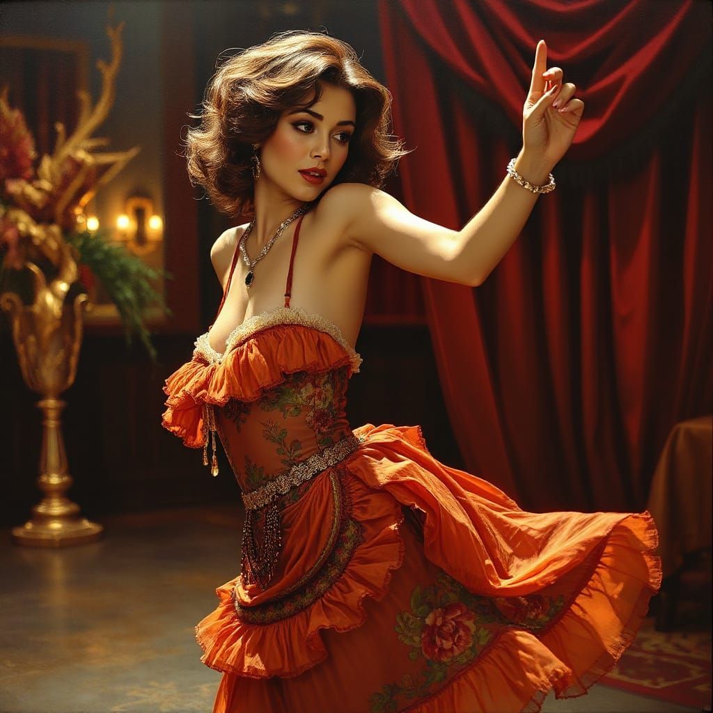 Sensual Cabaret Dancer in Hyperrealistic Oil Painting