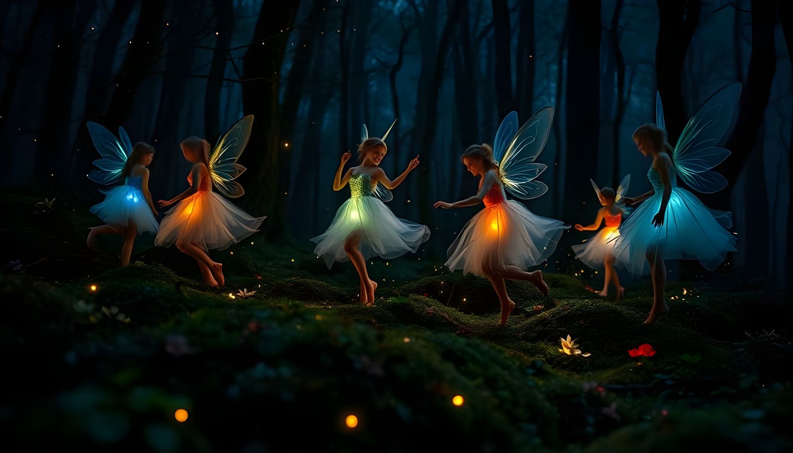 Fairies Dancing in a Dark Forest at Night