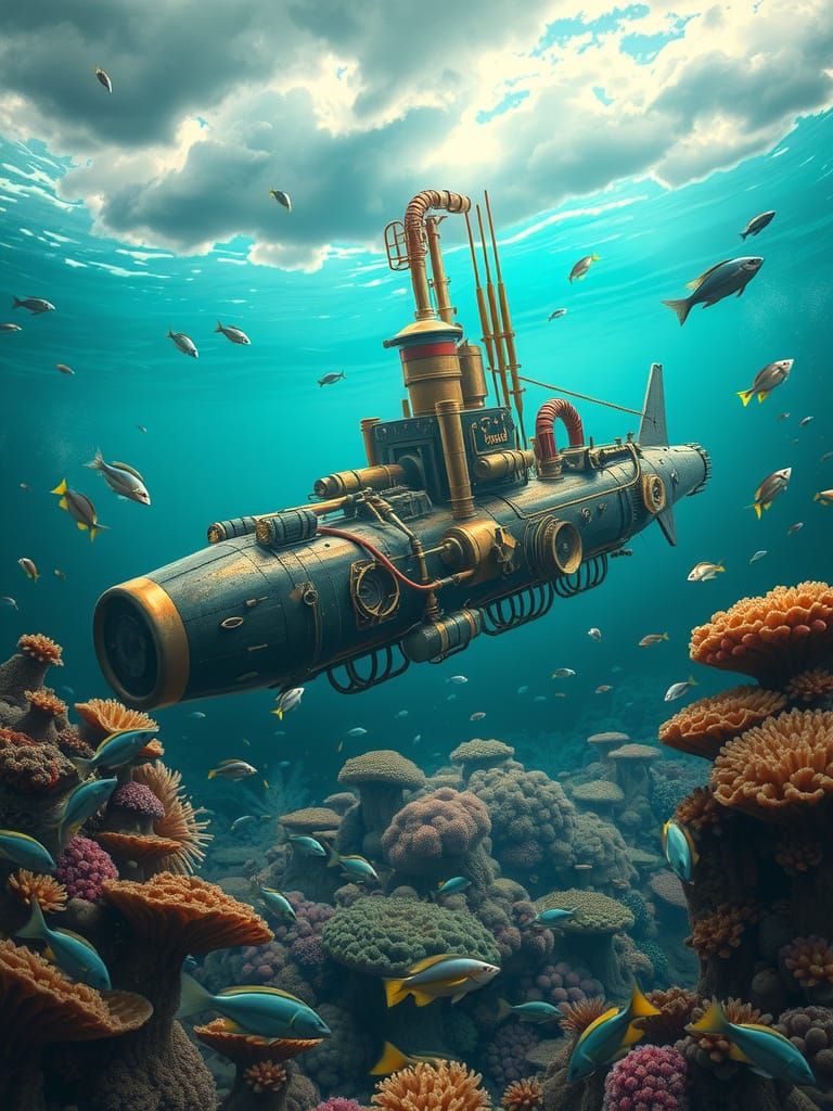 Dieselpunk U-Boat in Underwater Steampunk World