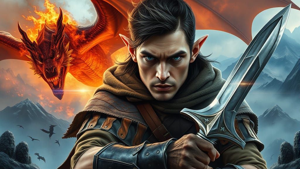 Epic Double Exposure Scene: Dragon Battle Meets Half-Elf Rog...