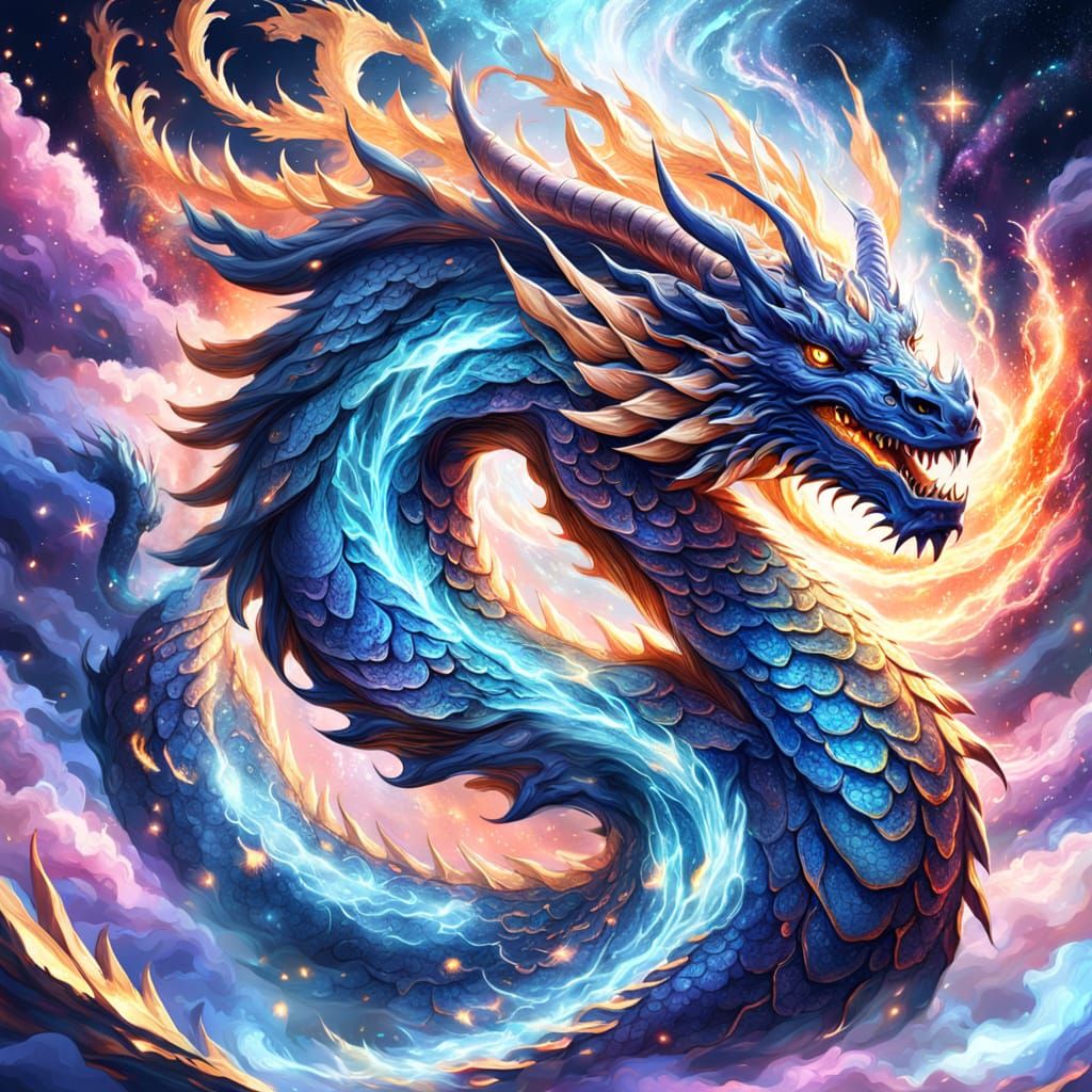 Celestial Dragon Soaring Through Nebula in Digital Painting
