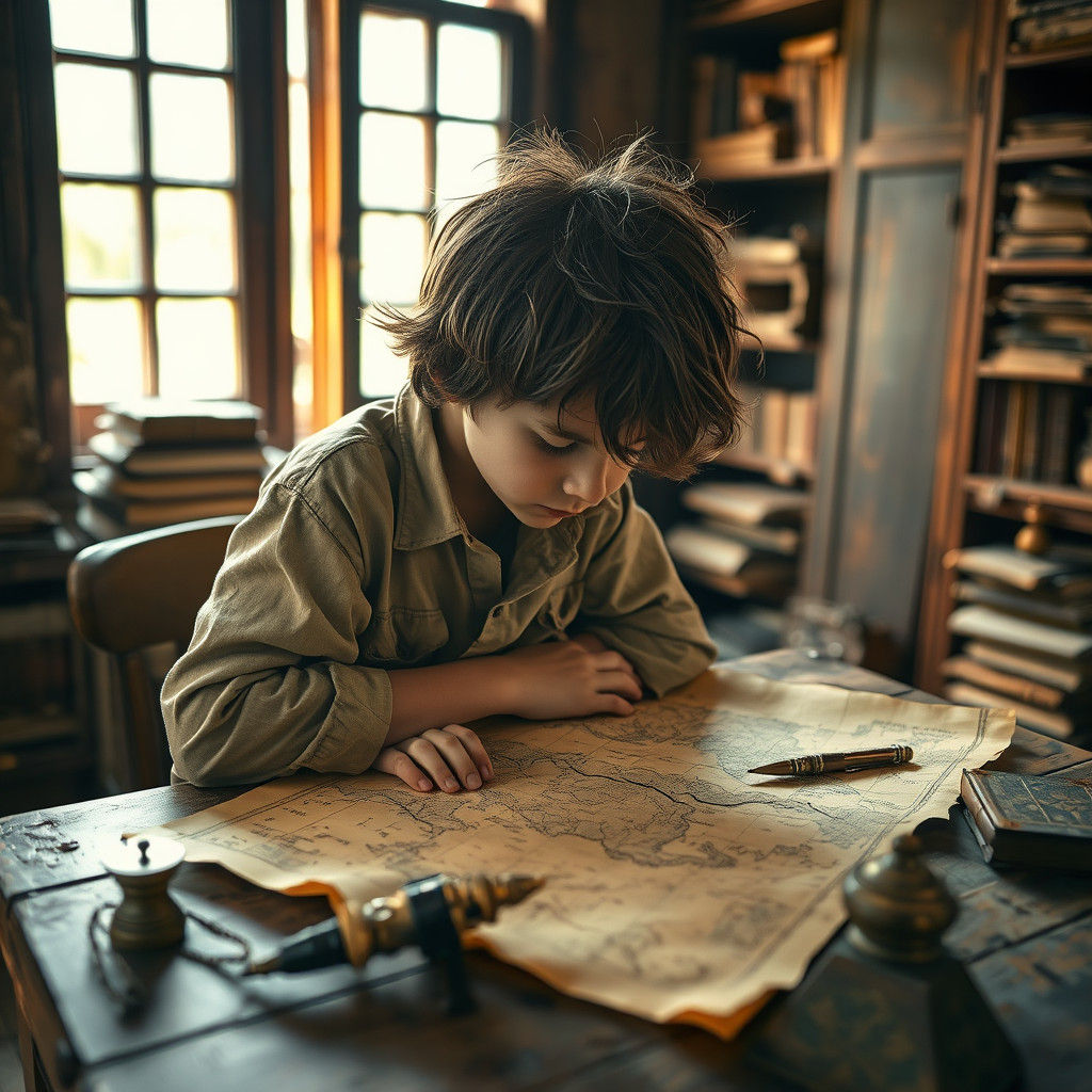 Young Treasure Hunter Contemplates Ancient Map in Warm Study