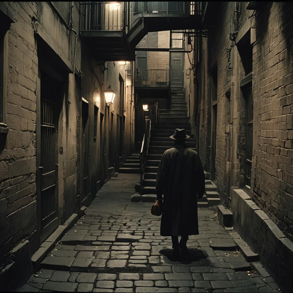 Shadowy Figure in Dark Alley: Cinematic Film Still