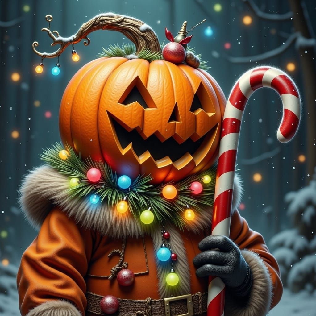 Festive Pumpkin-Headed Figure in Falling Snow