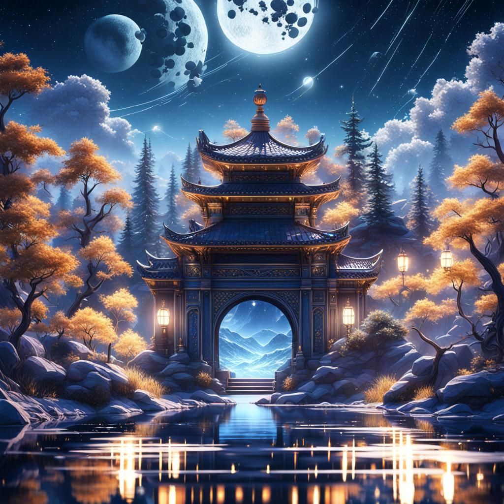 Starry Sky and Lake Reflection in Fantasy Art