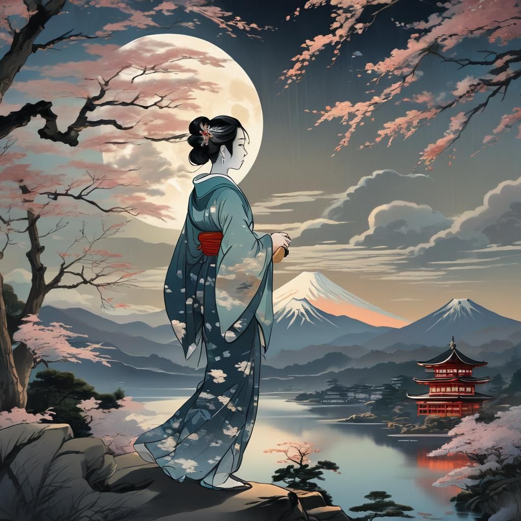 Mount Fuji Ukiyo-e with Woman in Moonlight