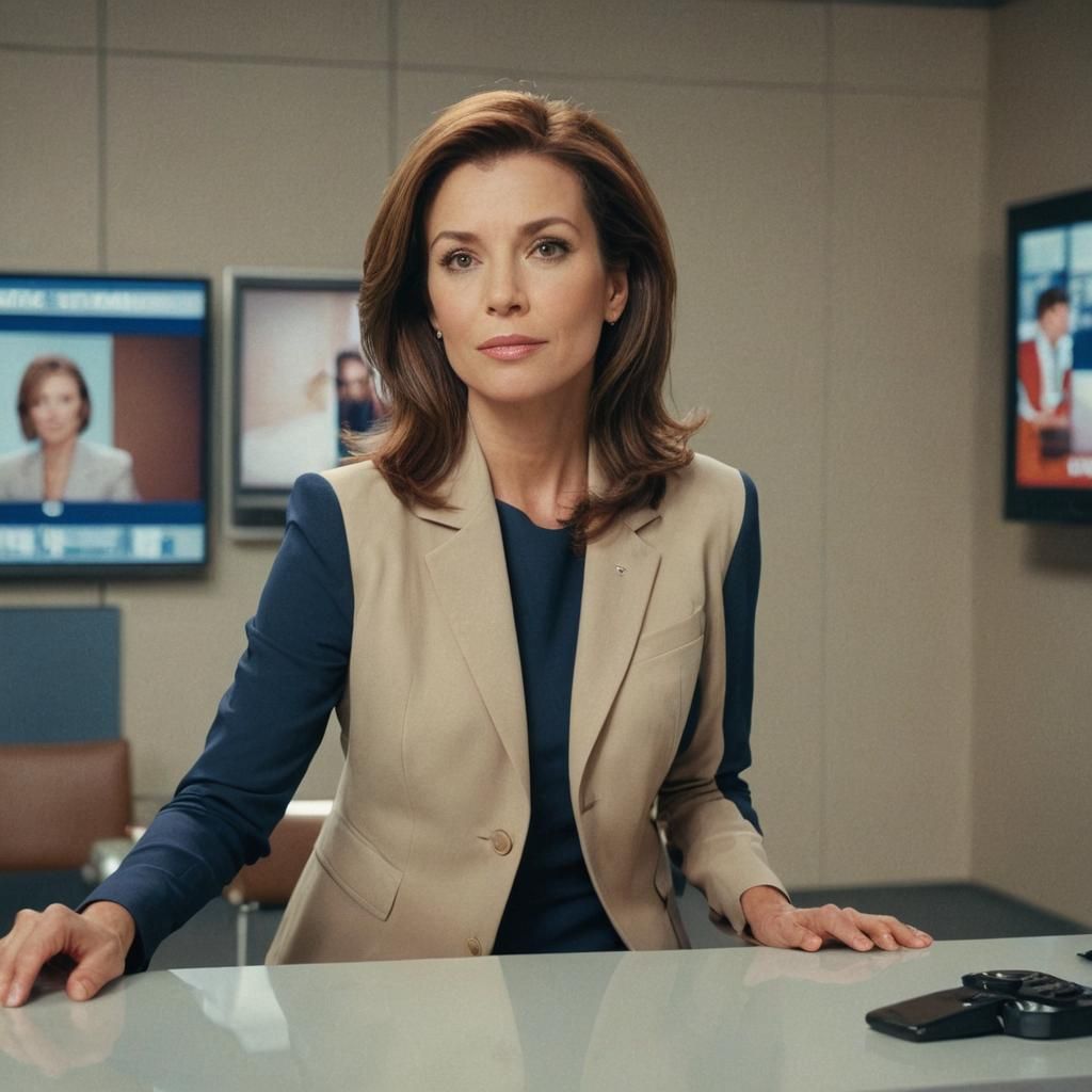 Dramatic News Anchor in Film Still Style