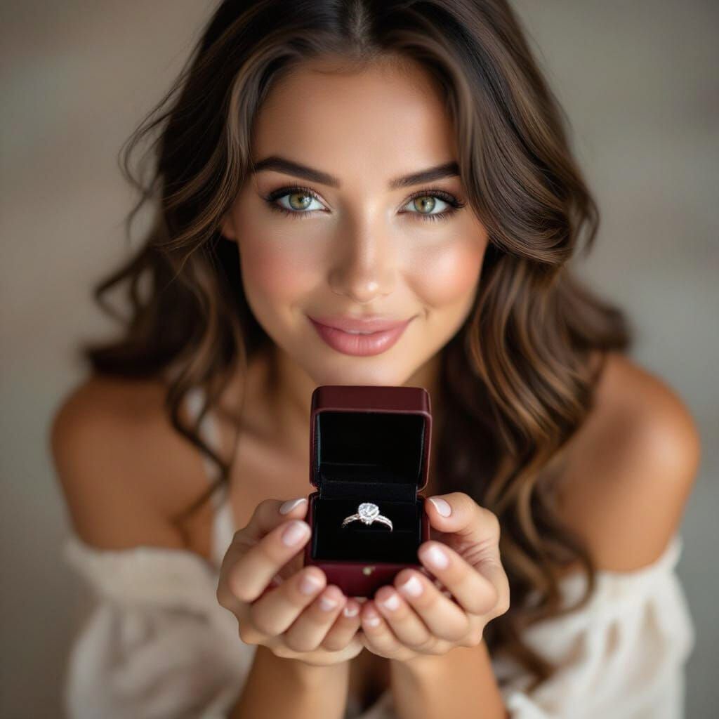 Woman Proposes with Ring Box, Looking Down