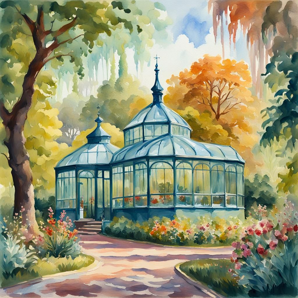 Victorian Park with Glasshouse in Gouache Style