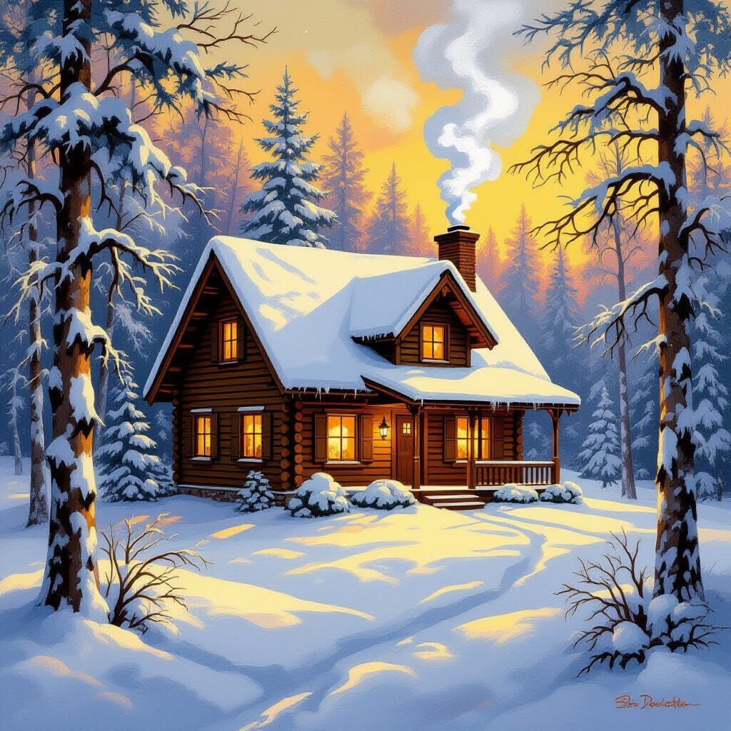Snowy Cabin with Golden Light in Soothing Style