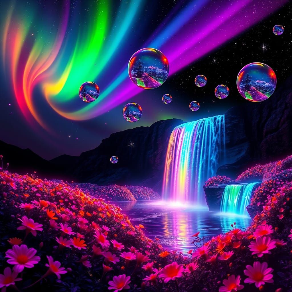 Iridescent Waterfall in Neon Dreamscape
