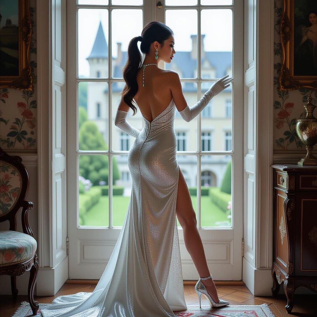 Asian Woman in Silver Gown by Castle Window