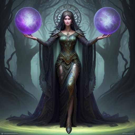 Mystical Sorceress in Dreamlike Forest, Art Nouveau Style