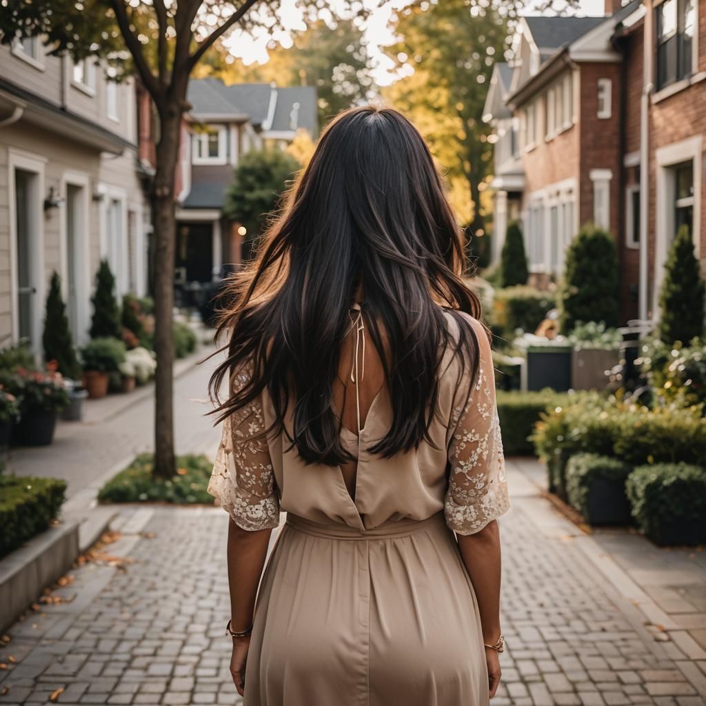Young Woman with Dark Hair in Fancy Neighborhood