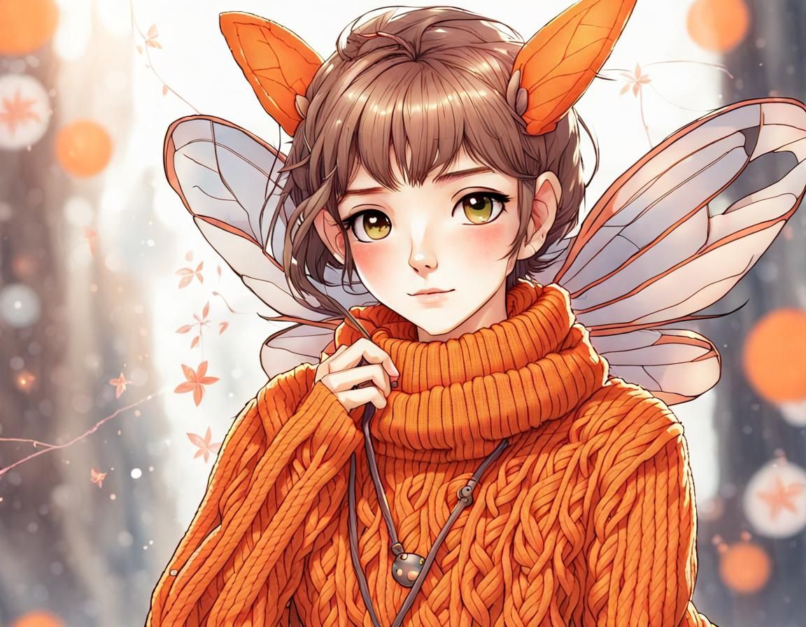 Kawaii Fairy in Orange Cable-Knit Sweater
