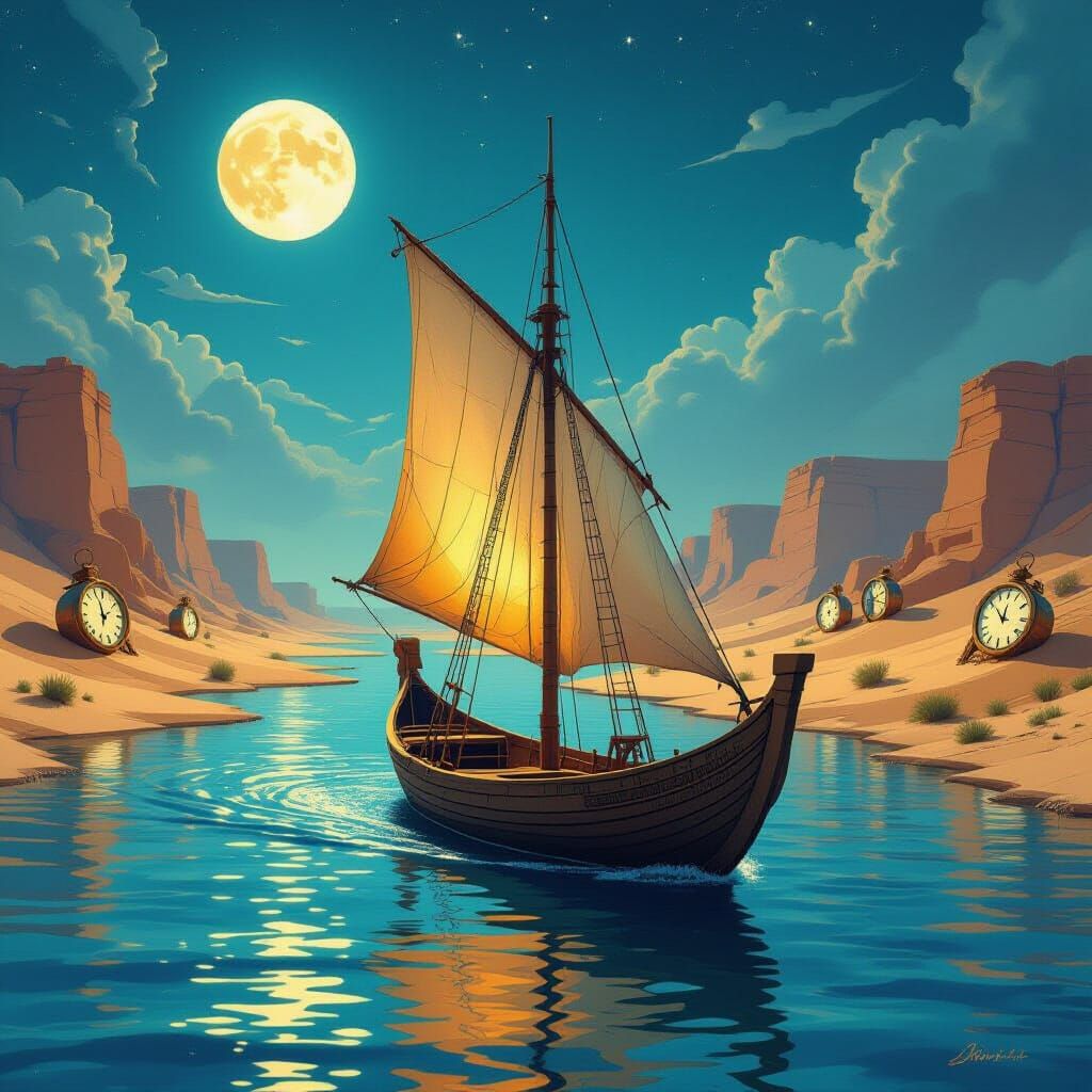 Moonlit Egyptian Sailboat on River of Time