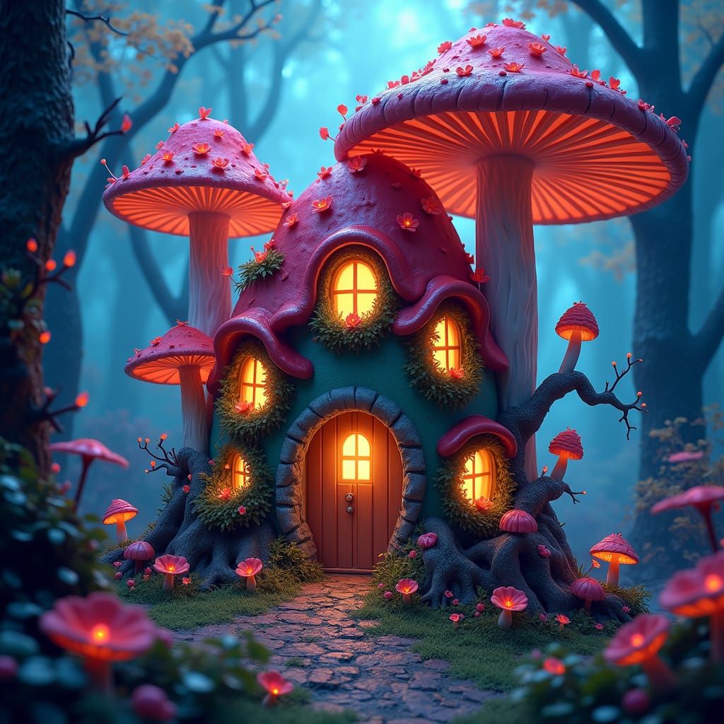 Enchanted Mushroom House in Bioluminescent Forest