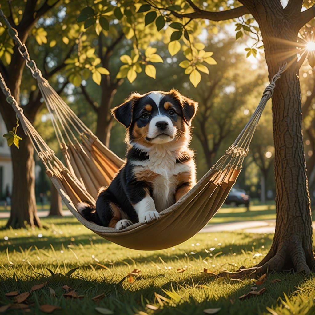 Realistic Puppy in a Serene Hammock Scene, Cinematic Style