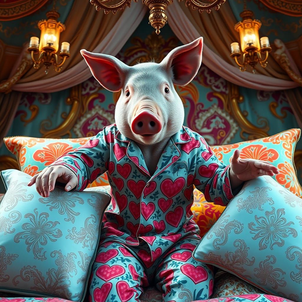 Pig-Headed Man's Pillow Fight: Hyper-Detailed Concept Art