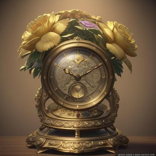Miniature Floral Brass Clock in Detailed 3D Render