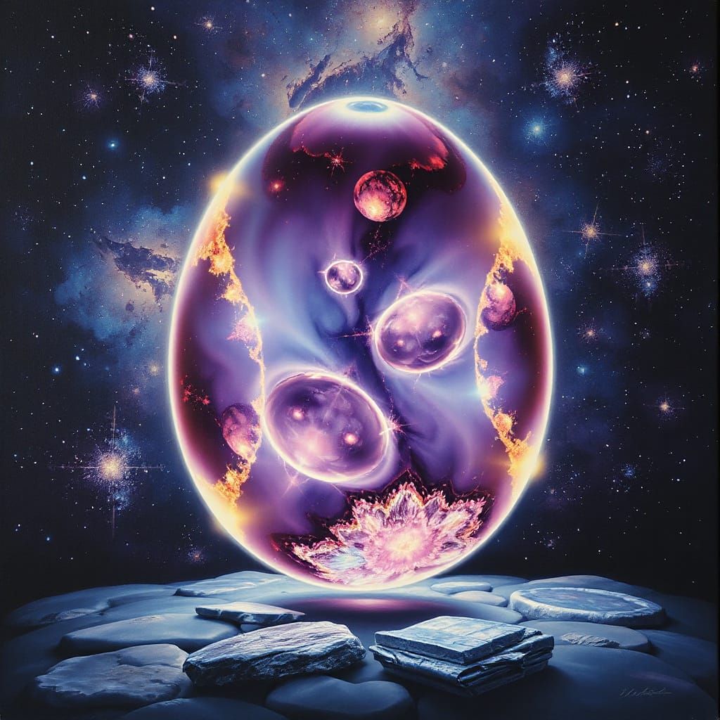 Floating Glass Egg in Cosmic Nebula