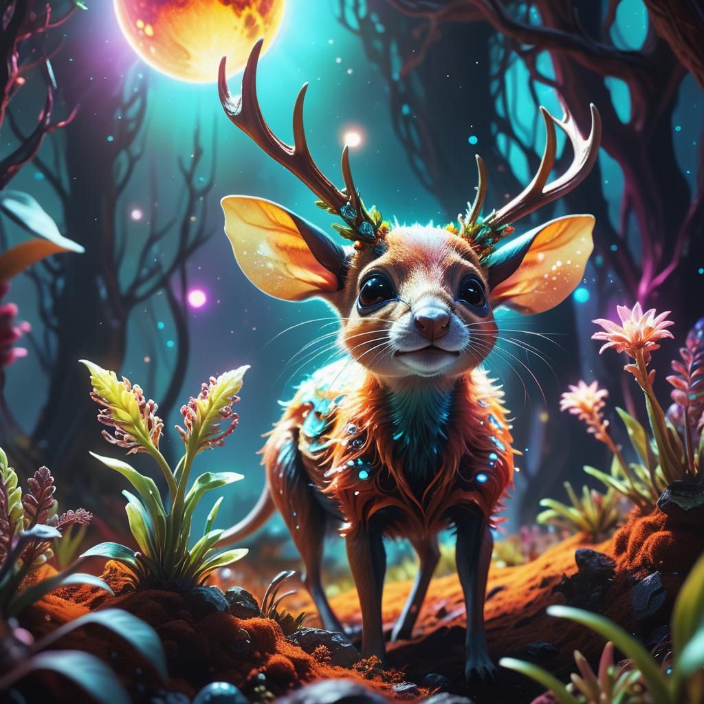 Mouse-Deer Alien Eating a Glowing Plant, Digital Art