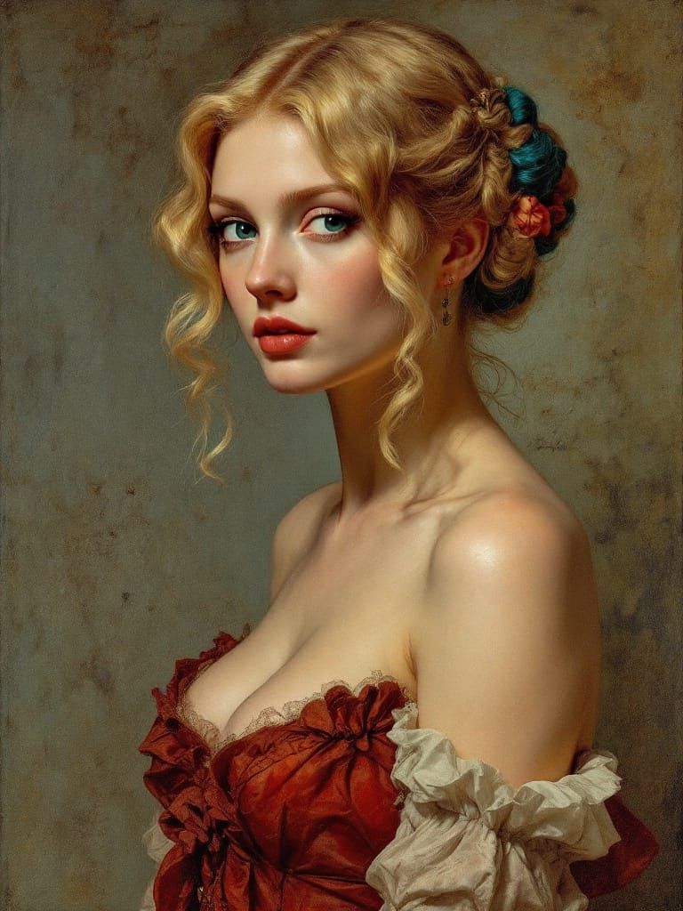 Courtly Portrait: Blond Pin-Up in Luminous Renaissance Style