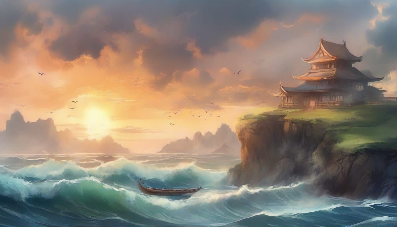 Whimsical Cliffside Tea-House in a Golden Hour Glow