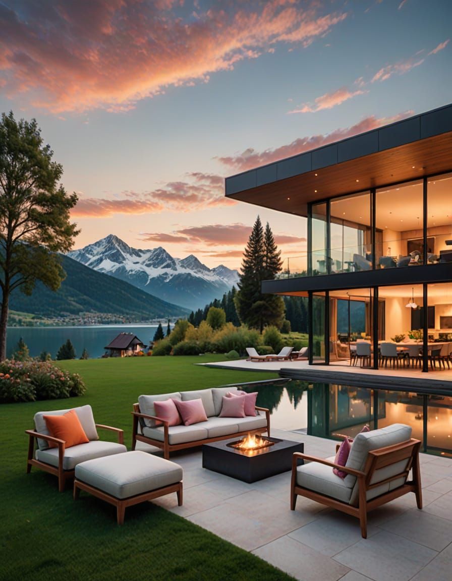 Serene European Lake Landscape with Snow-Capped Mountain and...