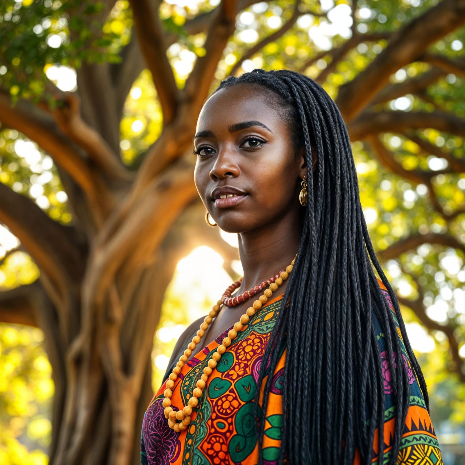 high quality photo of a beautiful african female with long thin braided hair, wearing traditional swahili clothing, stan...