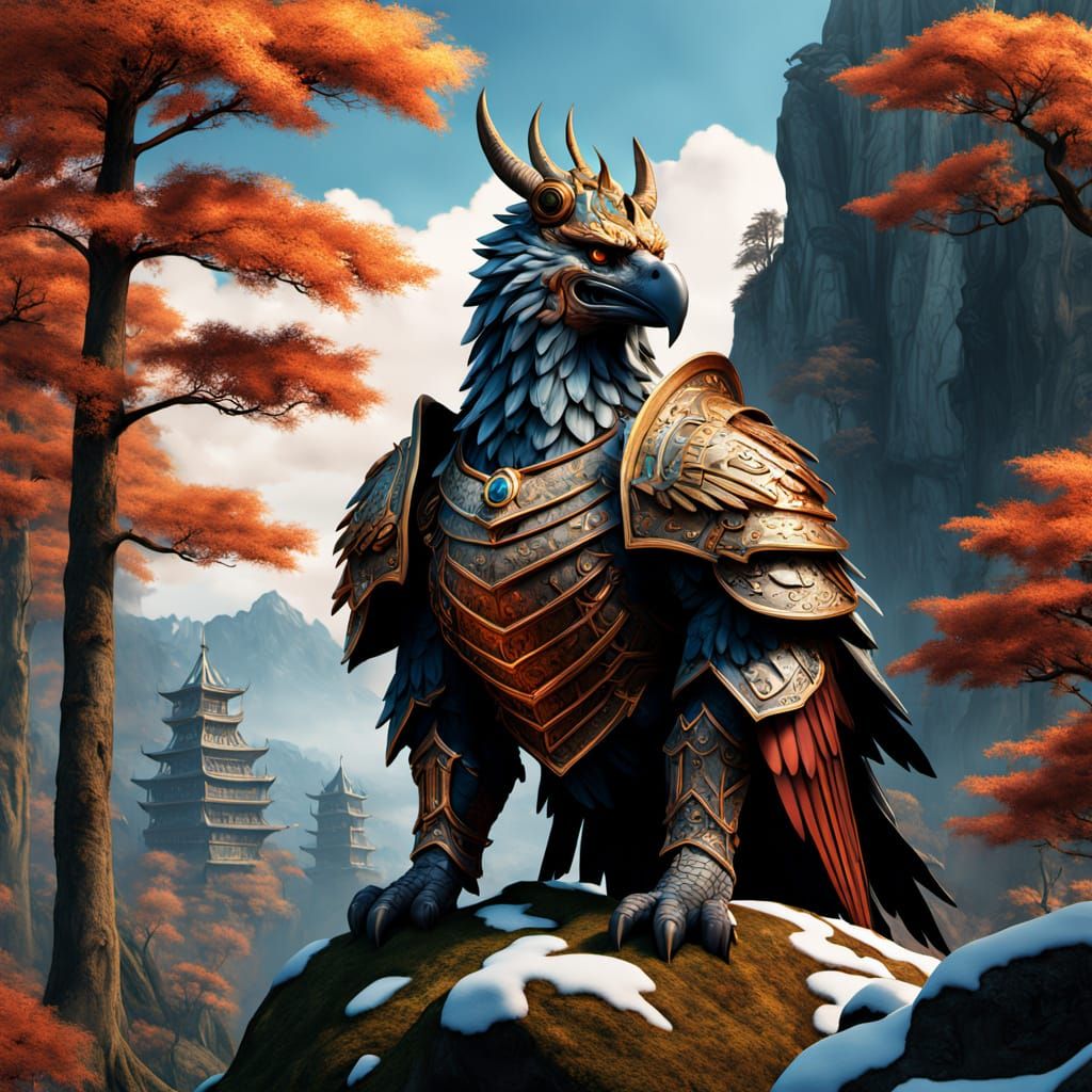 Golden Griffin on Snowy Peak at Sunset