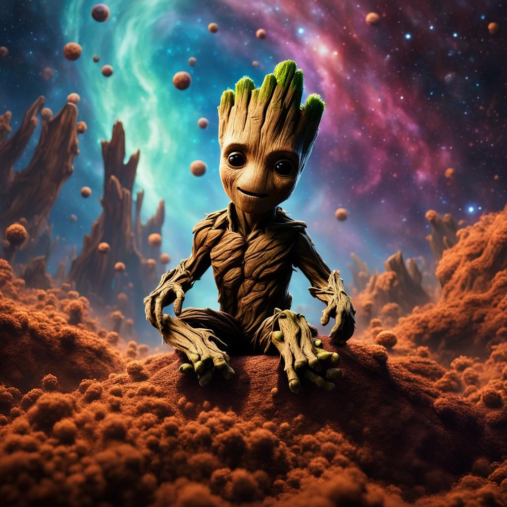 Baby Groot Plays in Nebula, Fantasy Concept Art