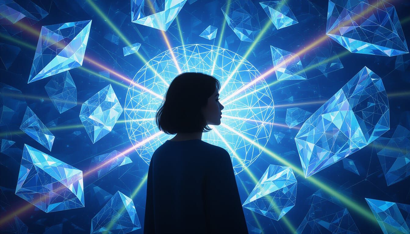 Woman Surrounded by Crystalline Mesh in Futuristic Style