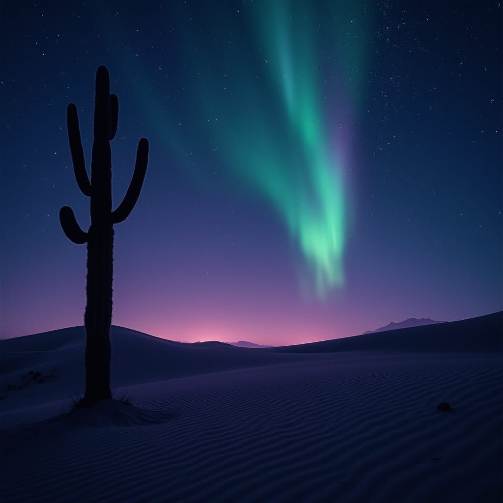 Cactus Under Aurora in Rothko-esque Landscape