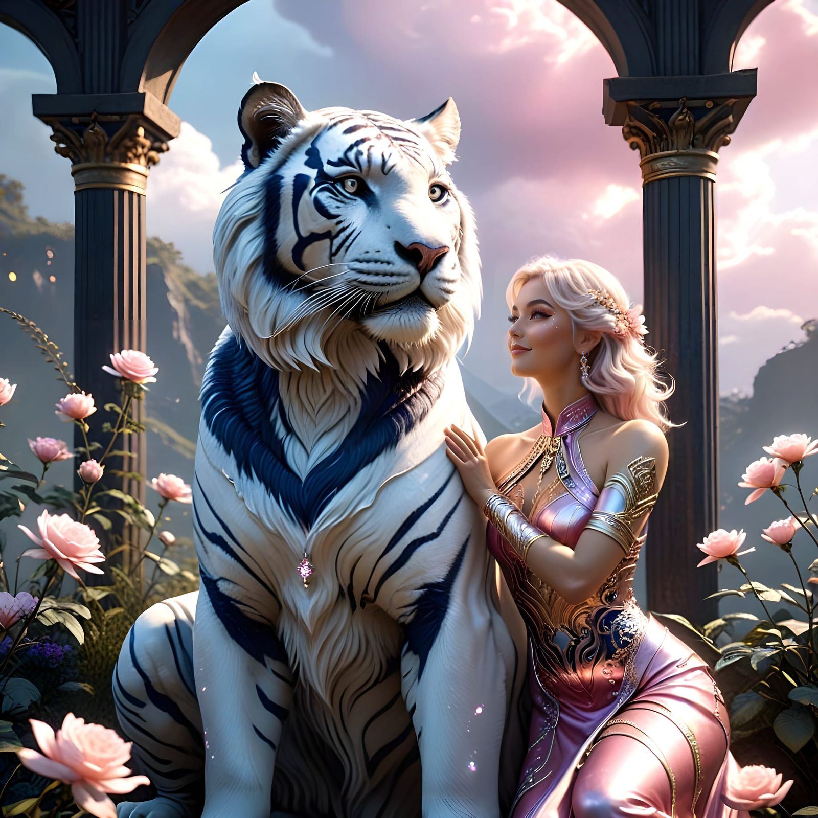 Goddess Bonding with Tiger in Surreal Fantasy Scene