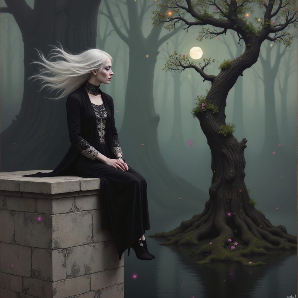 Mystical Bohemian Goddess in Moonlit Woodland
