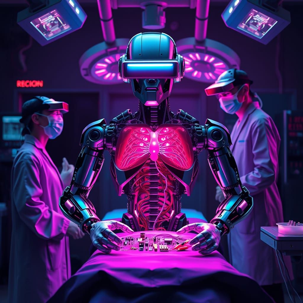 Cyberpunk Robot Surgery with AR Goggles and Neon Lights