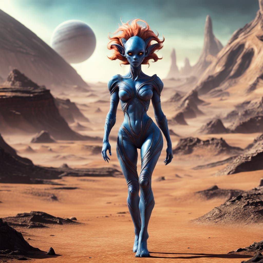 Glamorous Alien Adventurer Explores Exoplanet Landscape