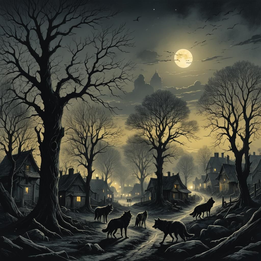 Dark Fantasy: Wolves Howling in a Village at Night