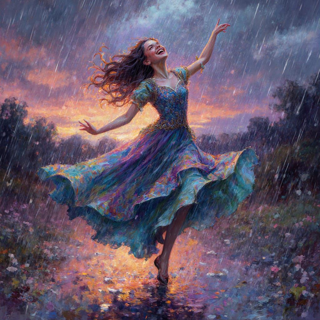 Joyful Woman Dancing in Twilight Rainstorm