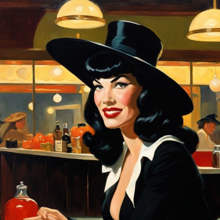 Bettie Page as Witch in Post-Impressionist Diner Scene
