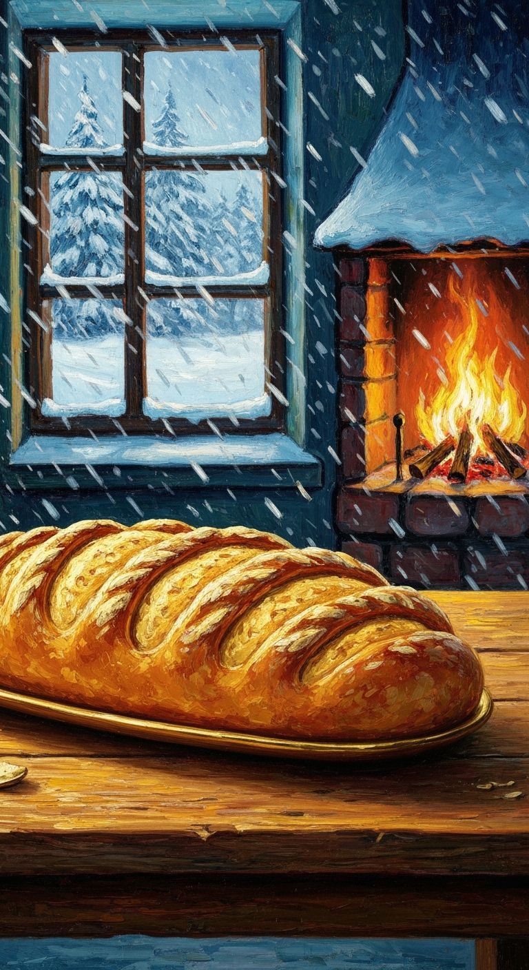 Golden Bread by Cozy Fireplace in Winter Storm Oil Painting