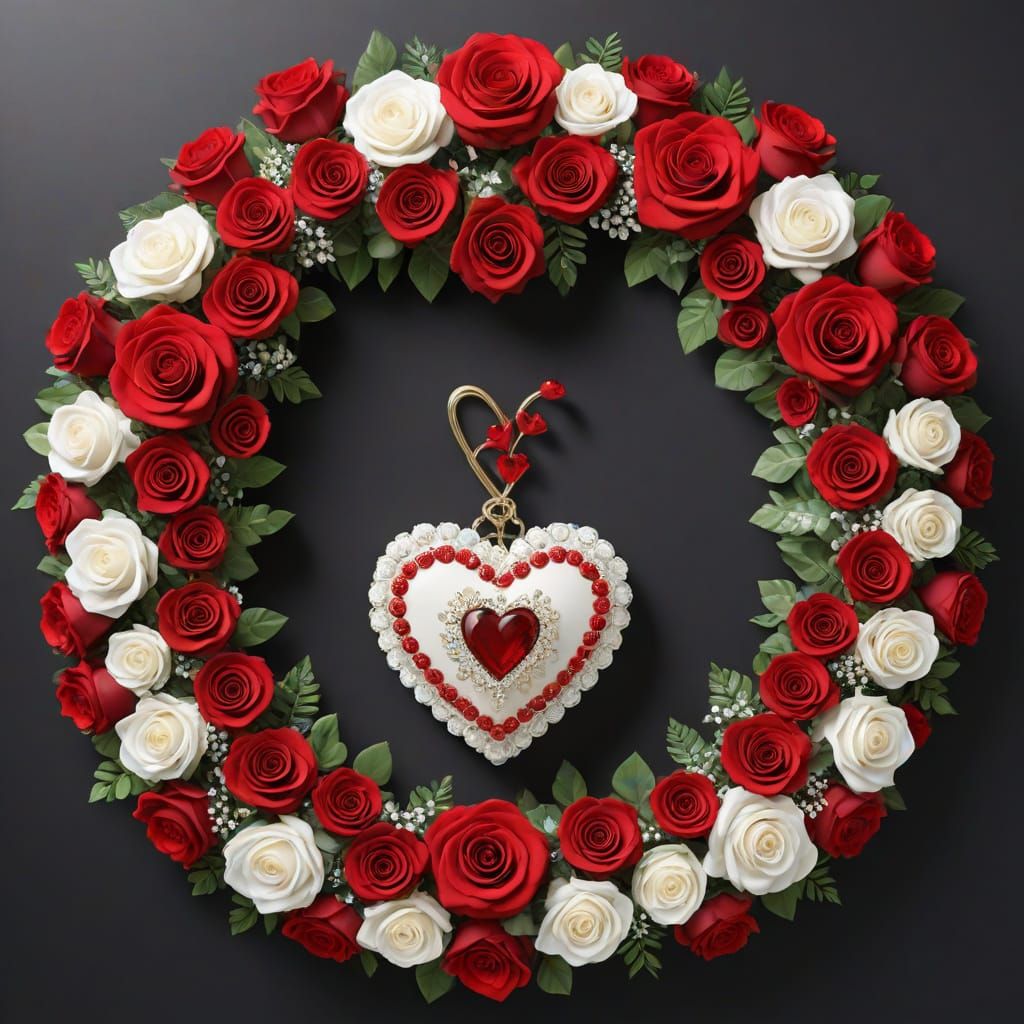 Romantic Couple Surrounded by Red Roses and Hearts