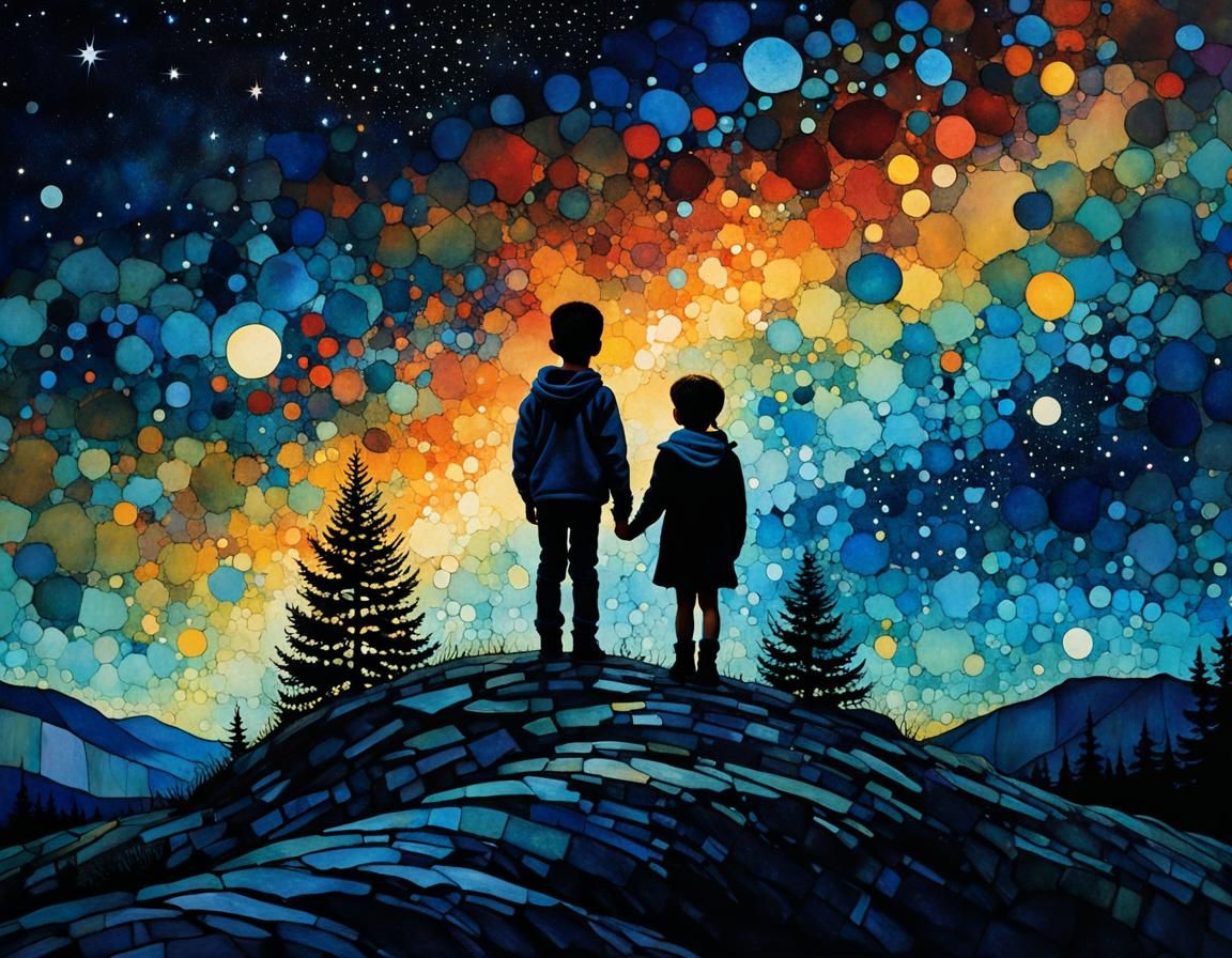Children Gaze at Starry Sky in Whimsical Illustration