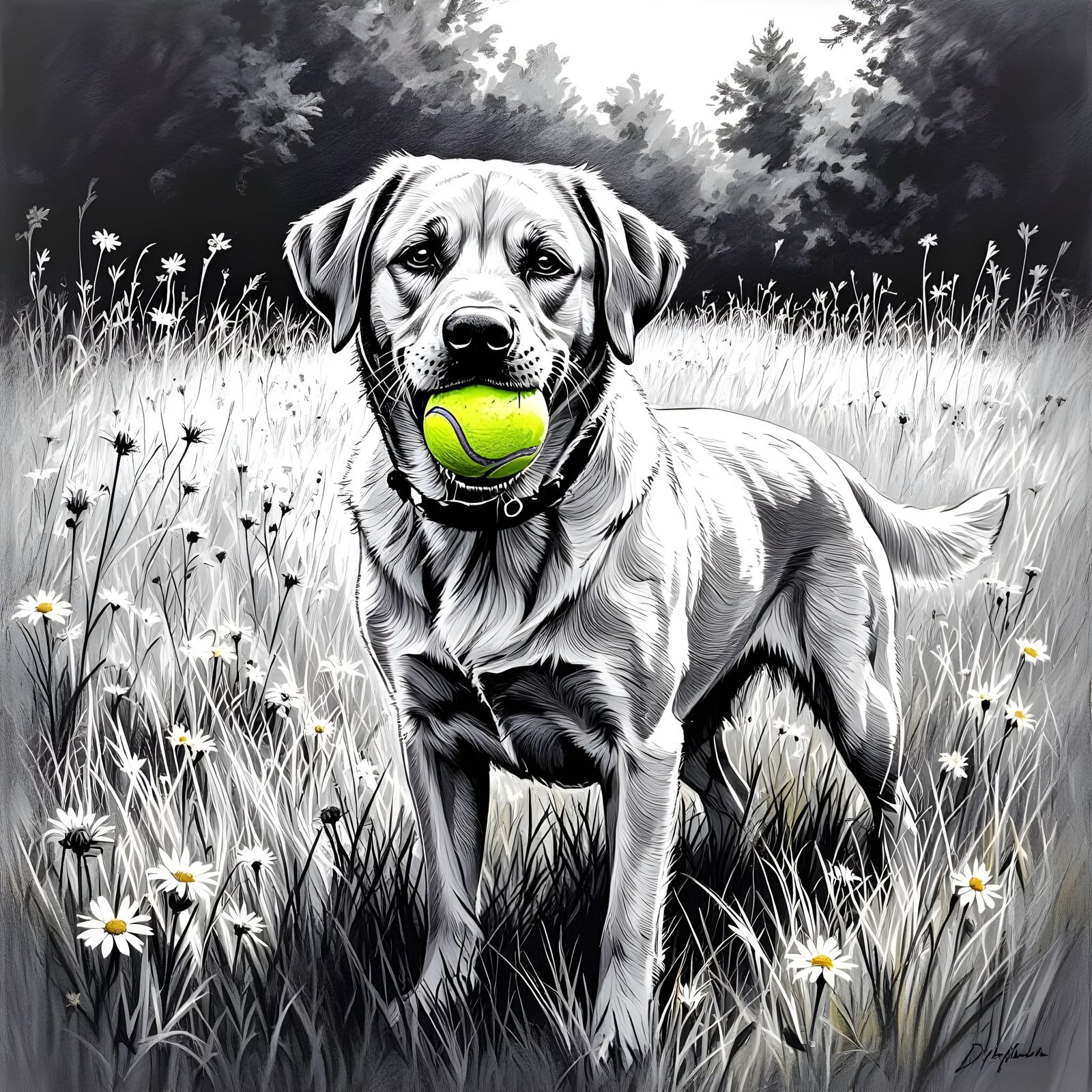 Grayscale Labrador Sketch with Tennis Ball in Meadow