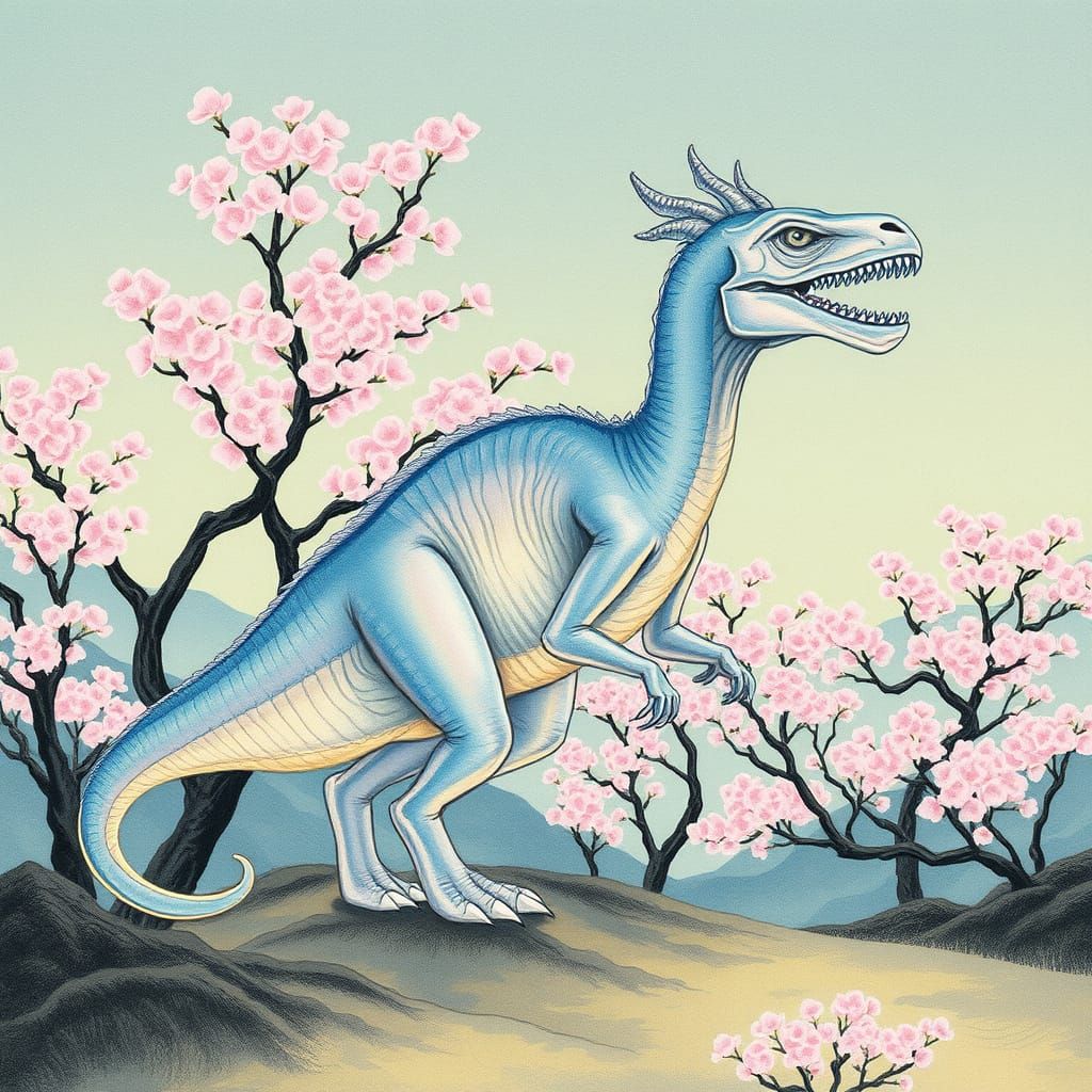 Ethereal Xeno Dinosaur in Cherry Blossom Landscape, in Tradi...