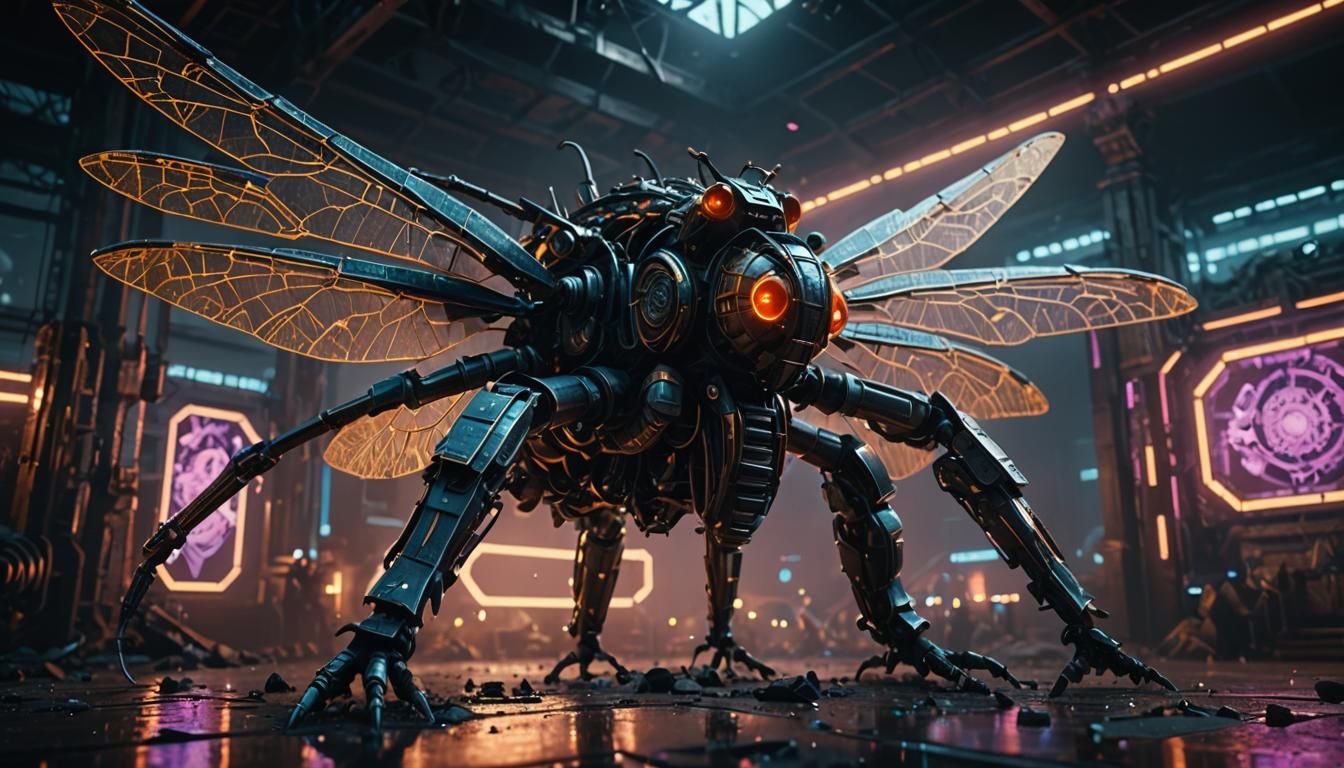 Cyberpunk Gladiator Dragonfly Fight in Roman Arena