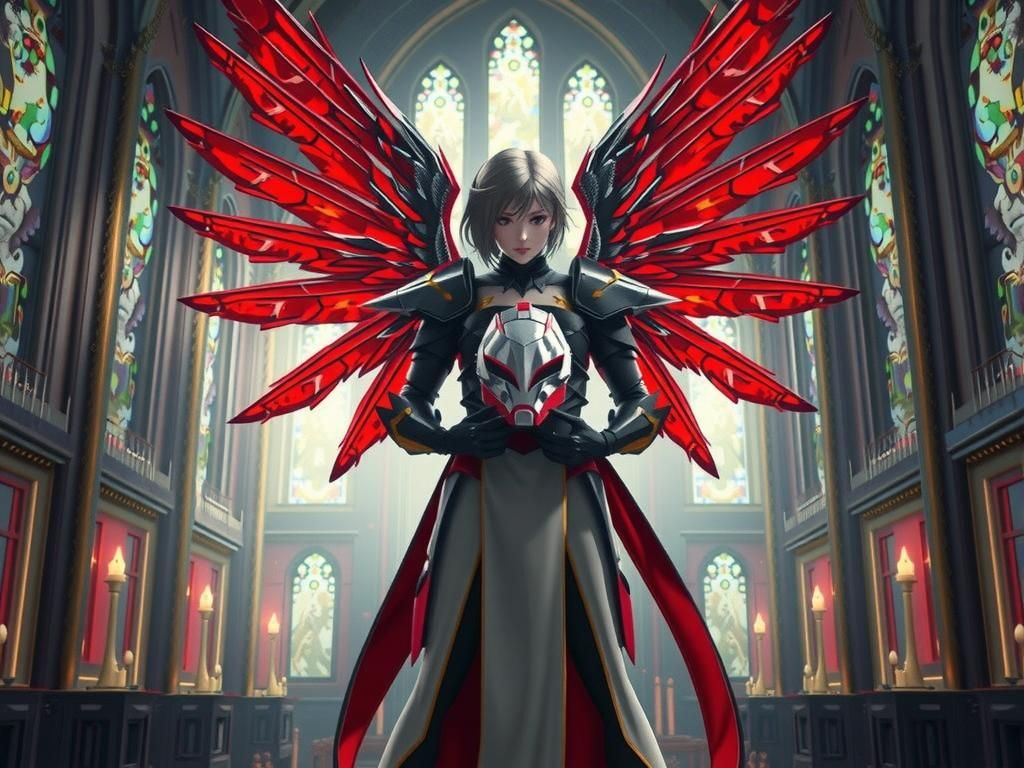 Anime Angel with Wings Holding Helmet