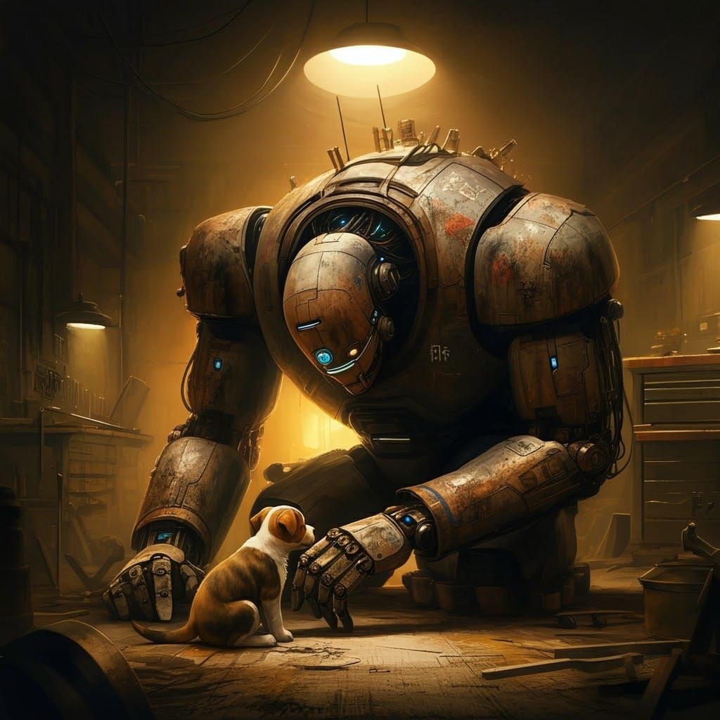 Robot's Tender Moment: Petting Puppy in Workshop